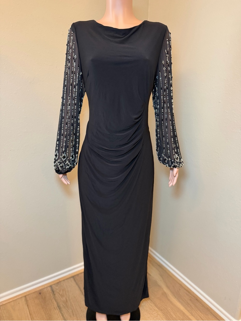 Blu Sage Black Long Sleeve Beaded Evening Gown